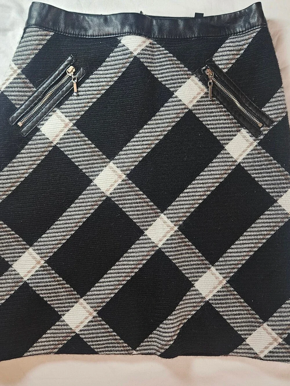 White House Black Market Womens Black & White Plaid Faux Leather Mini Skirt Sz 0